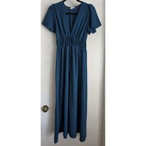 see you monday blue dress See You Monday Blue Ribbed Knit V-Neck Button Front Ruffle Maxi Dress L